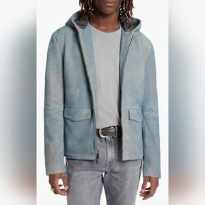 John Varvatos Mateo Hooded Leather Jacket Steel Blue Size 52 / L - XL